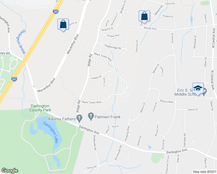map of restaurants, bars, coffee shops, grocery stores, and more near 1209 Faulkner Court in Mahwah