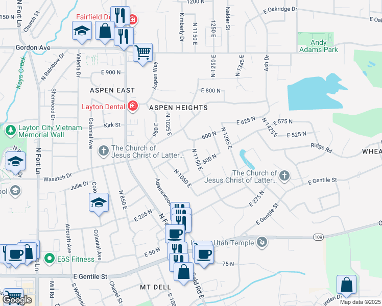 map of restaurants, bars, coffee shops, grocery stores, and more near 1124 East 600 North in Layton