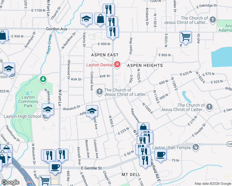 map of restaurants, bars, coffee shops, grocery stores, and more near 878 East 575 North in Layton