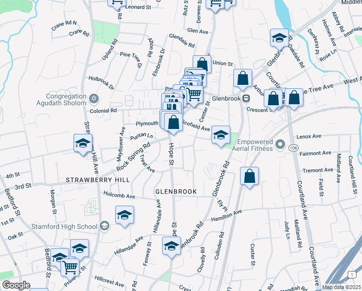 map of restaurants, bars, coffee shops, grocery stores, and more near 54 Morris Street in Stamford
