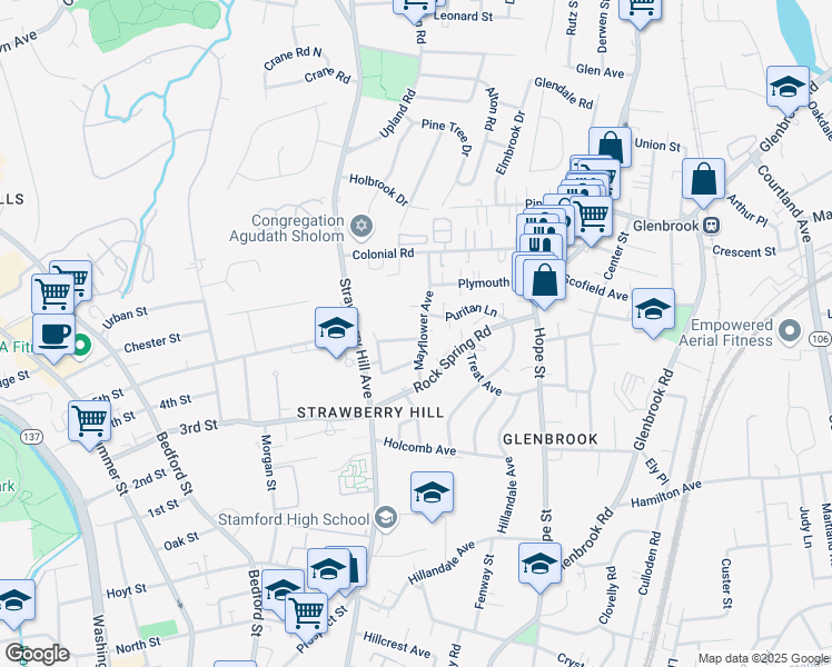map of restaurants, bars, coffee shops, grocery stores, and more near 60 Mayflower Avenue in Stamford