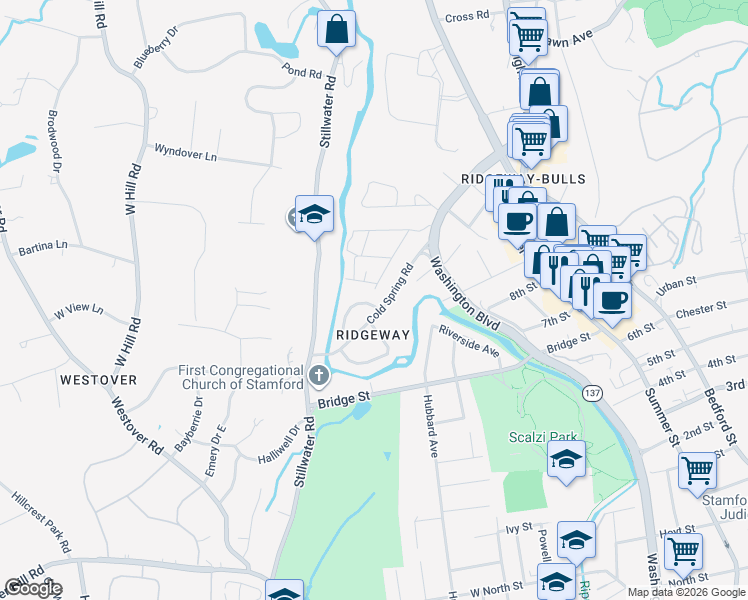 map of restaurants, bars, coffee shops, grocery stores, and more near 53 Reynolds Avenue in Stamford