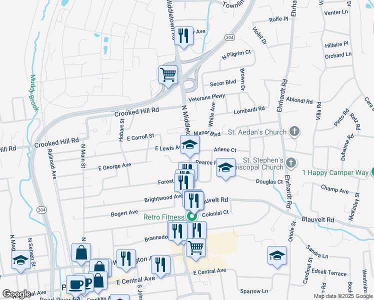 map of restaurants, bars, coffee shops, grocery stores, and more near 247 North Middletown Road in Pearl River