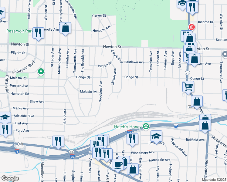 map of restaurants, bars, coffee shops, grocery stores, and more near 302 Cluster Avenue in Akron