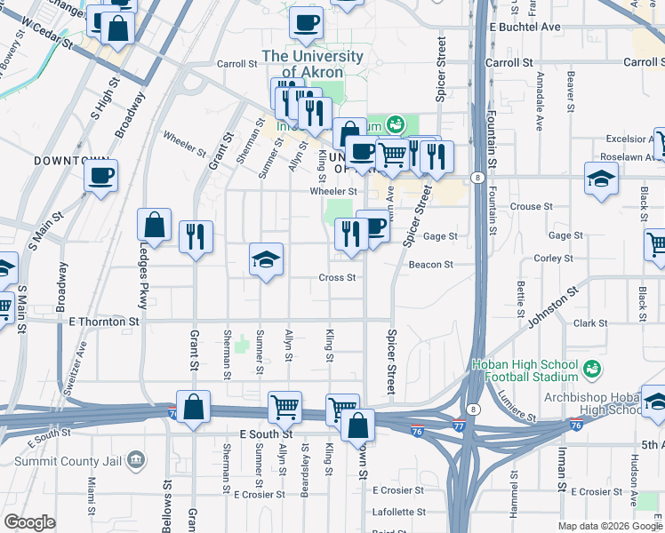 map of restaurants, bars, coffee shops, grocery stores, and more near 509 Kling Street in Akron