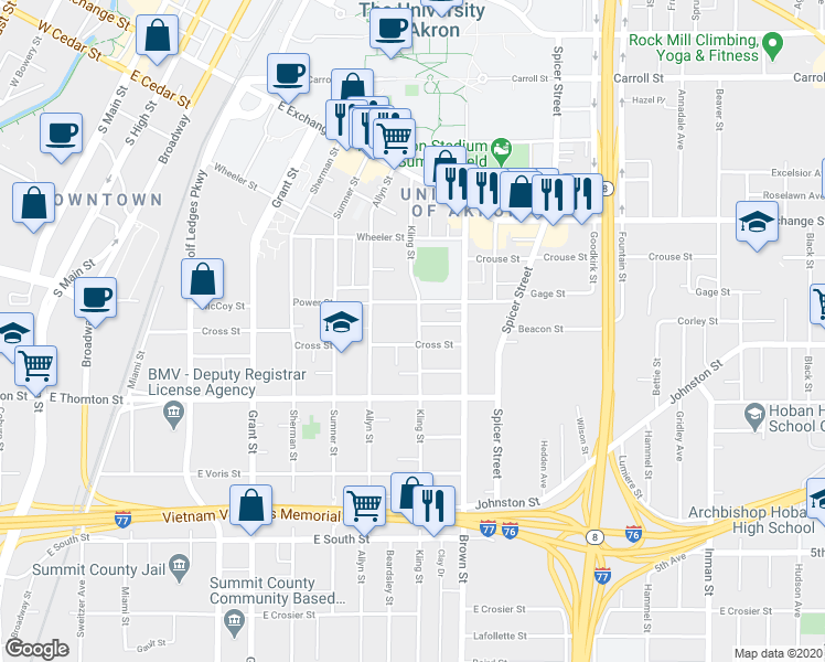 map of restaurants, bars, coffee shops, grocery stores, and more near 509 Kling Street in Akron