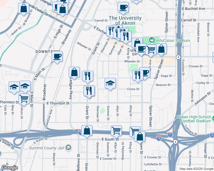map of restaurants, bars, coffee shops, grocery stores, and more near 541 Sumner Street in Akron