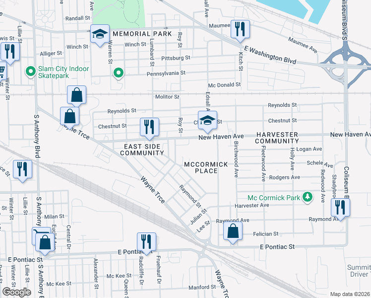 map of restaurants, bars, coffee shops, grocery stores, and more near 1900-1964 Bitler Street in Fort Wayne