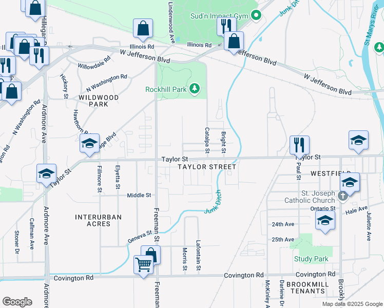 map of restaurants, bars, coffee shops, grocery stores, and more near 2801-2999 Culbertson Street in Fort Wayne