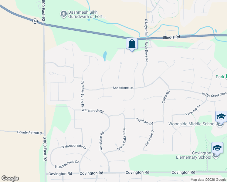 map of restaurants, bars, coffee shops, grocery stores, and more near 14407 Sandstone Drive in Fort Wayne