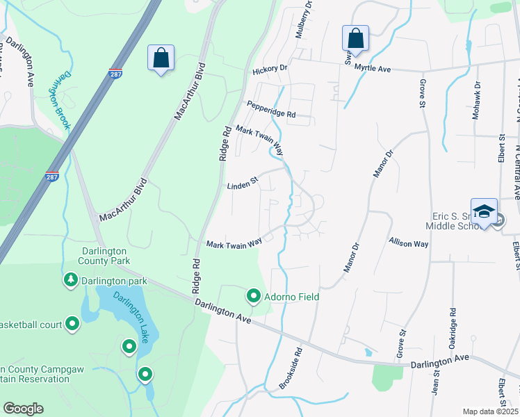 map of restaurants, bars, coffee shops, grocery stores, and more near 258 Larch Lane in Mahwah