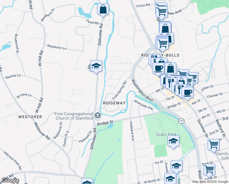 map of restaurants, bars, coffee shops, grocery stores, and more near 53 Reynolds Avenue in Stamford