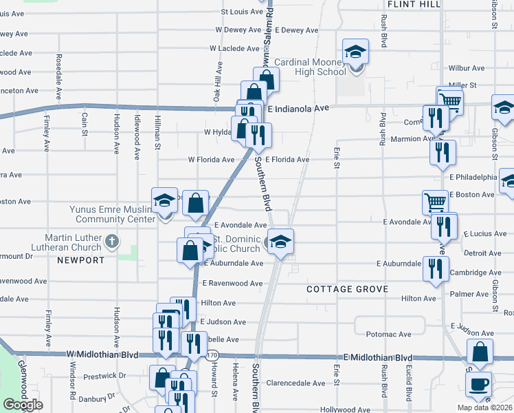 map of restaurants, bars, coffee shops, grocery stores, and more near 36 East Boston Avenue in Youngstown