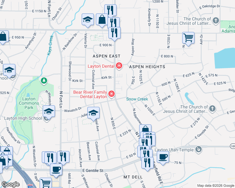 map of restaurants, bars, coffee shops, grocery stores, and more near 878 East 575 North in Layton