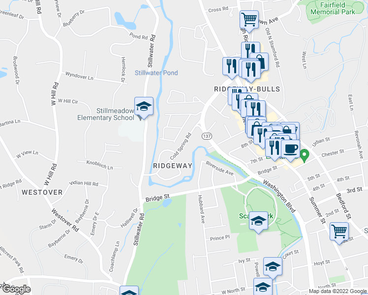 map of restaurants, bars, coffee shops, grocery stores, and more near 146 Cold Spring Road in Stamford