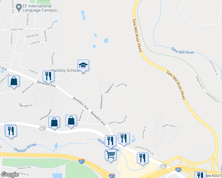 map of restaurants, bars, coffee shops, grocery stores, and more near 40 Trailhead Lane in Tarrytown