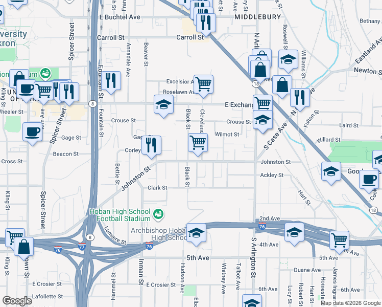 map of restaurants, bars, coffee shops, grocery stores, and more near 364 Black Street in Akron