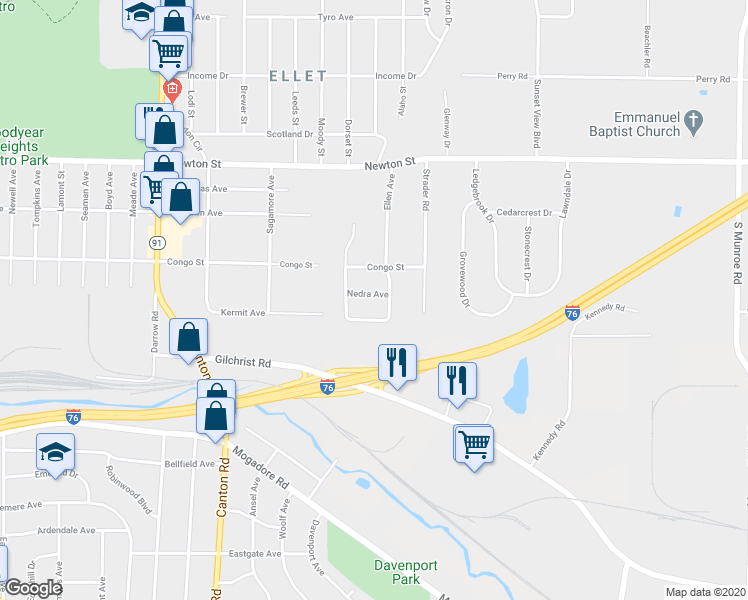 map of restaurants, bars, coffee shops, grocery stores, and more near 2526 Nedra Avenue in Akron