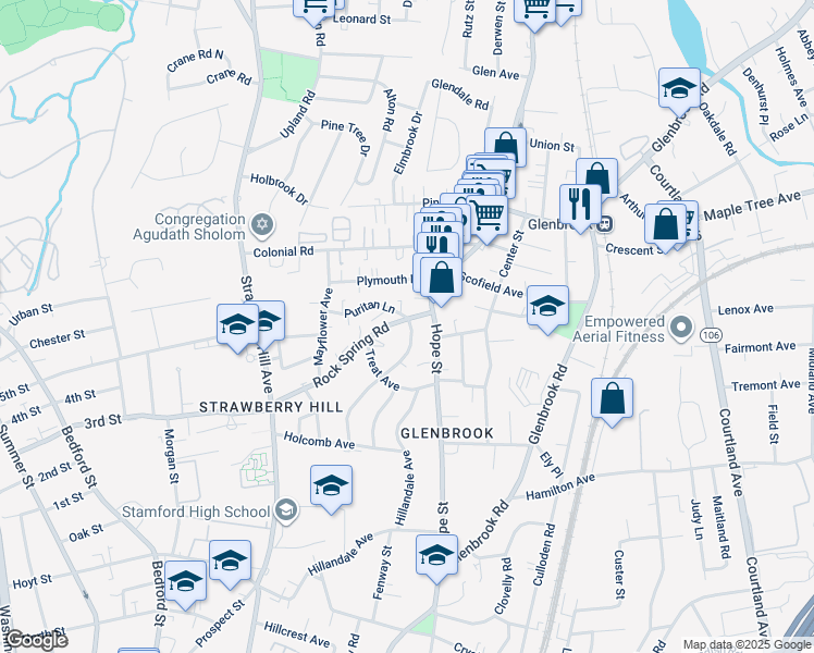 map of restaurants, bars, coffee shops, grocery stores, and more near 130 Rock Spring Road in Stamford