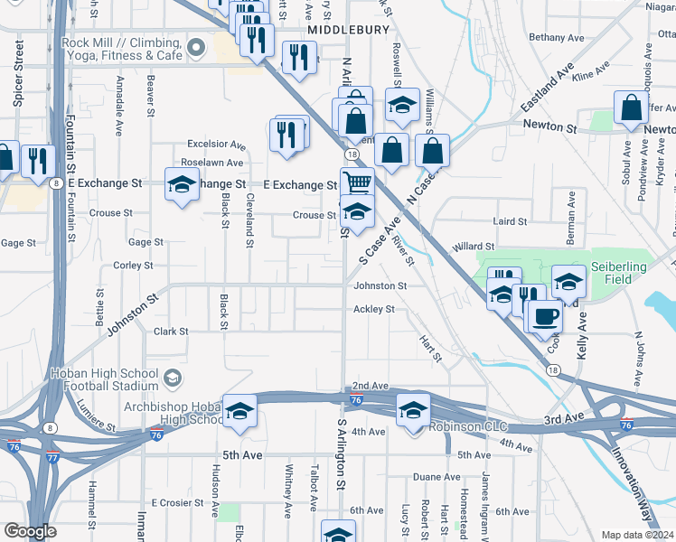 map of restaurants, bars, coffee shops, grocery stores, and more near in Akron