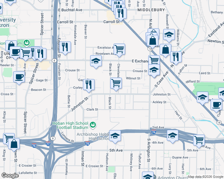 map of restaurants, bars, coffee shops, grocery stores, and more near 364 Black Street in Akron