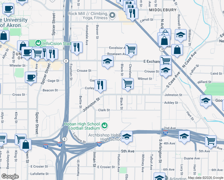 map of restaurants, bars, coffee shops, grocery stores, and more near 741 Corley Street in Akron