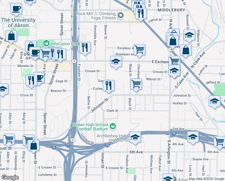 map of restaurants, bars, coffee shops, grocery stores, and more near 367 Beaver Street in Akron