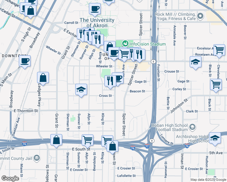 map of restaurants, bars, coffee shops, grocery stores, and more near 488 Brown Street in Akron