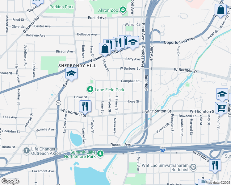 map of restaurants, bars, coffee shops, grocery stores, and more near 940 Raymond Street in Akron