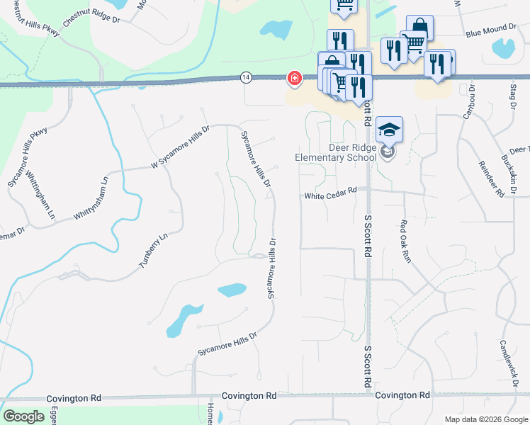 map of restaurants, bars, coffee shops, grocery stores, and more near 1826 Sycamore Hills Drive in Fort Wayne