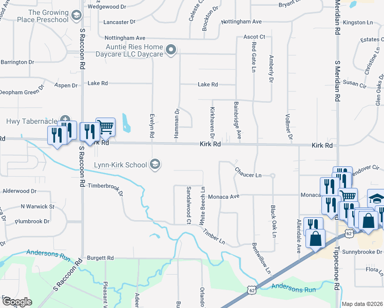 map of restaurants, bars, coffee shops, grocery stores, and more near 4055 Kirk Road in Youngstown
