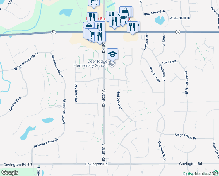 map of restaurants, bars, coffee shops, grocery stores, and more near 10121 Mesa Glen Court in Fort Wayne