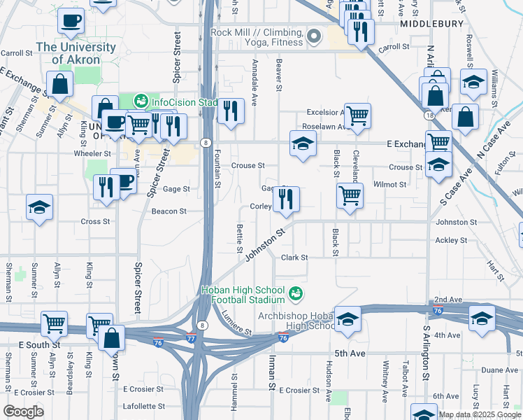 map of restaurants, bars, coffee shops, grocery stores, and more near 660 Corley Street in Akron