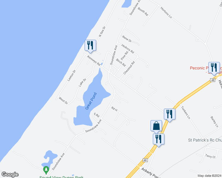 map of restaurants, bars, coffee shops, grocery stores, and more near 8915 Soundview Avenue in Southold