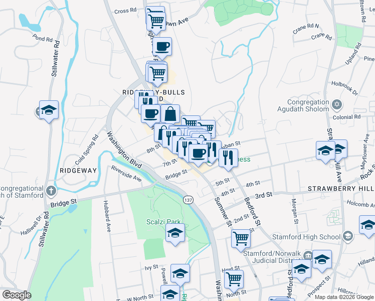 map of restaurants, bars, coffee shops, grocery stores, and more near 2321 Summer Street in Stamford