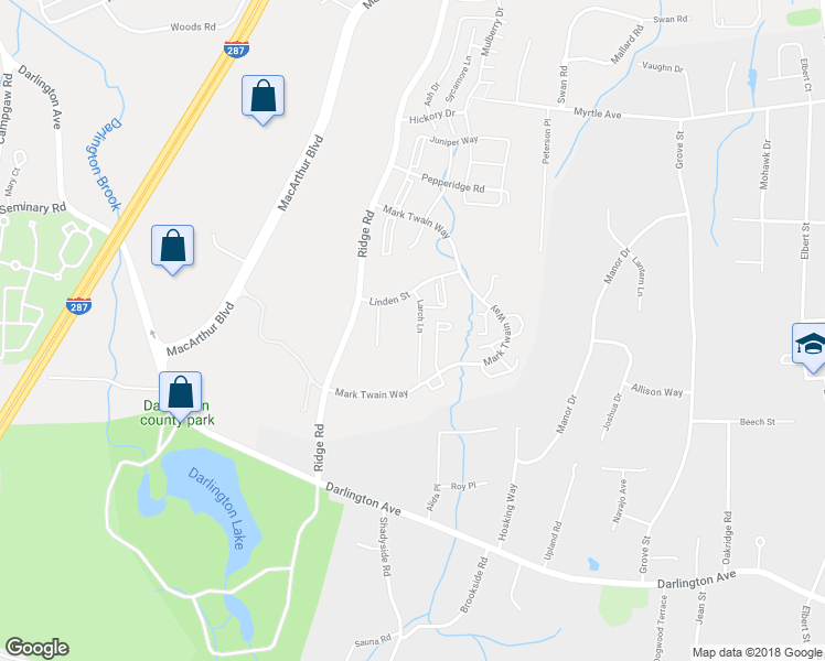 map of restaurants, bars, coffee shops, grocery stores, and more near 235 Larch Lane in Mahwah