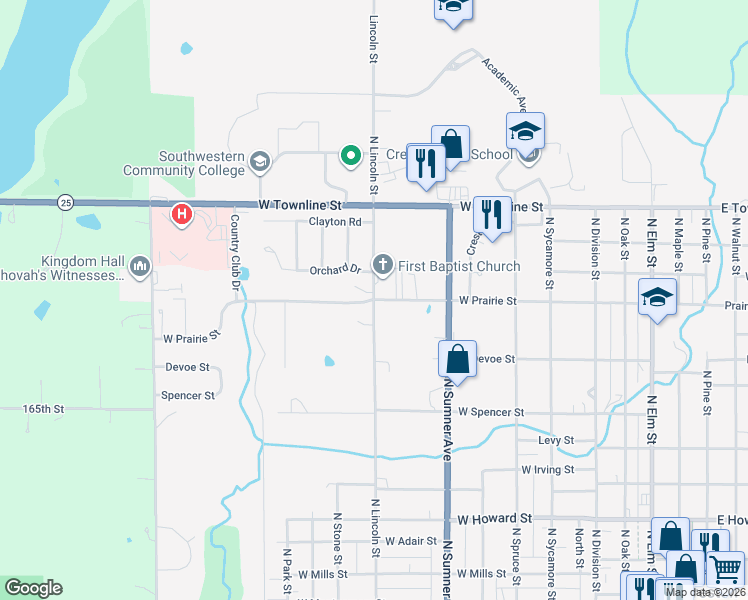map of restaurants, bars, coffee shops, grocery stores, and more near 1101 West Prairie Street in Creston