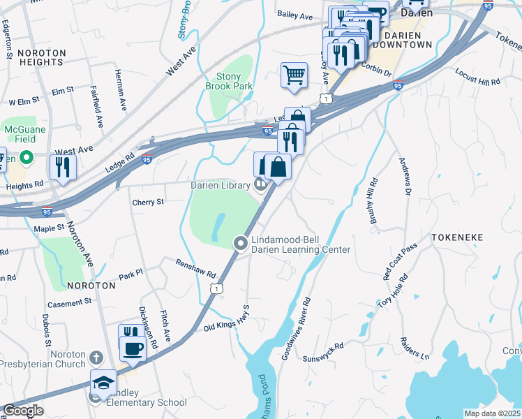 map of restaurants, bars, coffee shops, grocery stores, and more near 1441 Boston Post Road in Darien