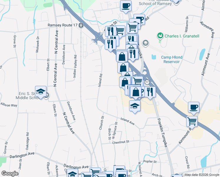map of restaurants, bars, coffee shops, grocery stores, and more near 62 Regency Park in Ramsey