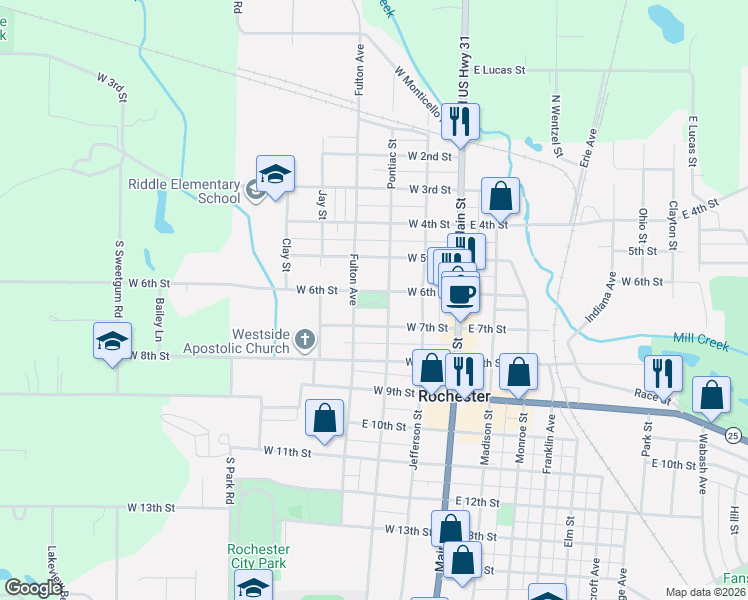 map of restaurants, bars, coffee shops, grocery stores, and more near 301 West 6th Street in Rochester