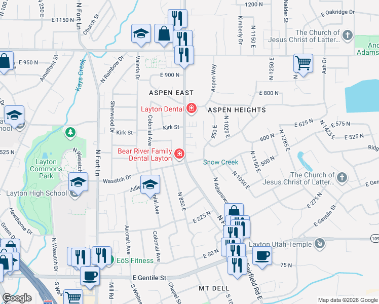 map of restaurants, bars, coffee shops, grocery stores, and more near 878 East 575 North in Layton