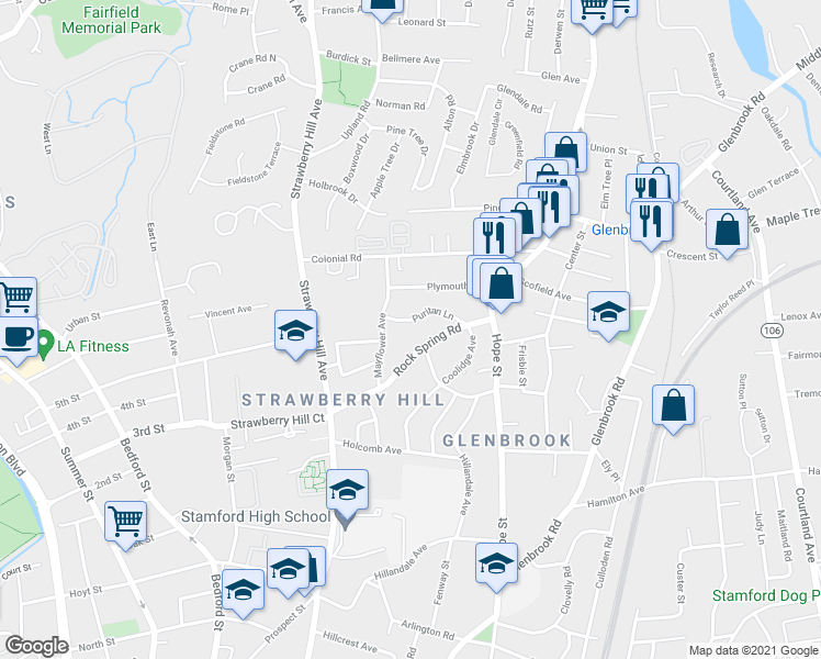 map of restaurants, bars, coffee shops, grocery stores, and more near 55 Puritan Lane in Stamford