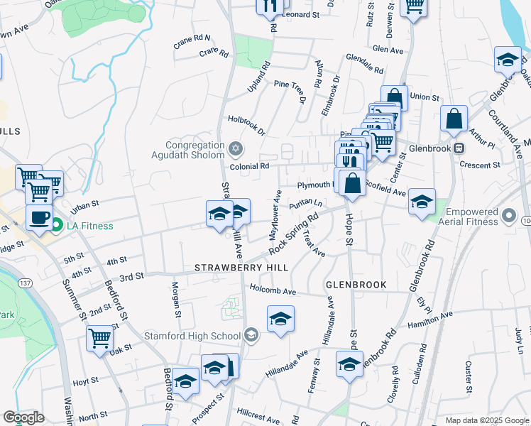 map of restaurants, bars, coffee shops, grocery stores, and more near 60 Mayflower Avenue in Stamford