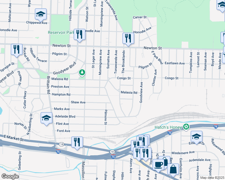 map of restaurants, bars, coffee shops, grocery stores, and more near 1804 Malasia Road in Akron
