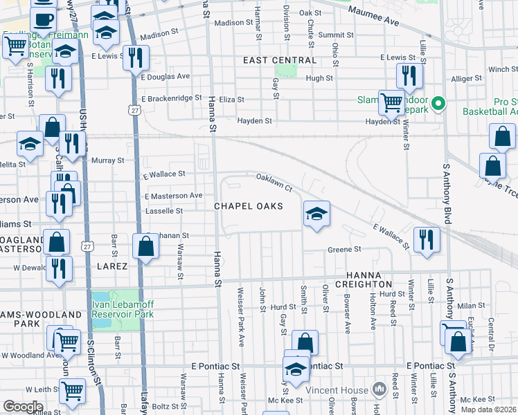 map of restaurants, bars, coffee shops, grocery stores, and more near 859 Buchanan Street in Fort Wayne