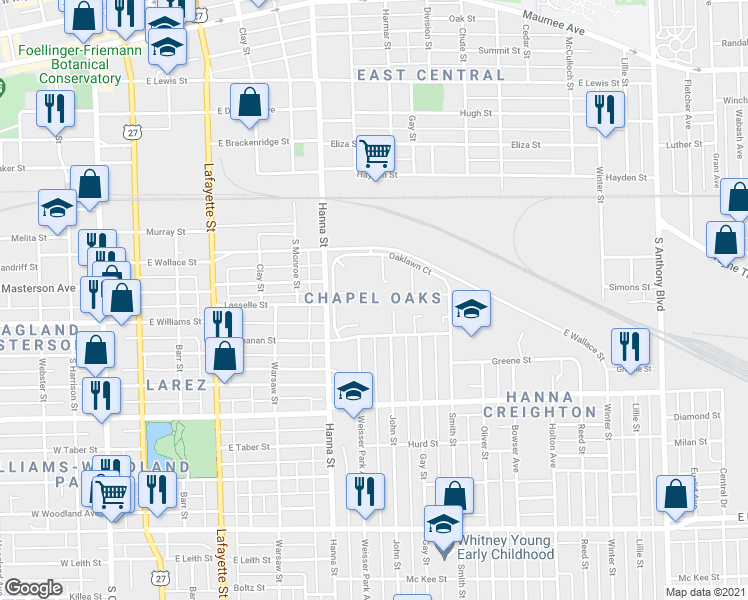 map of restaurants, bars, coffee shops, grocery stores, and more near 859 Buchanan Street in Fort Wayne