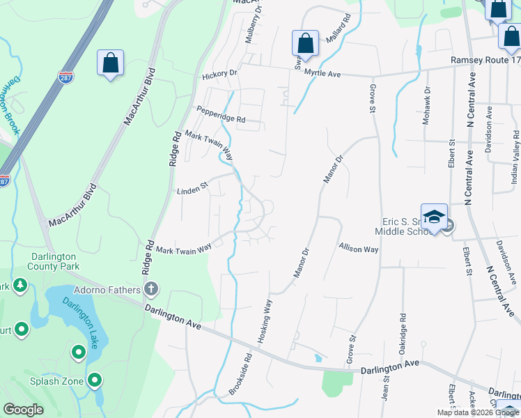 map of restaurants, bars, coffee shops, grocery stores, and more near 3012 Stowe Lane in Mahwah