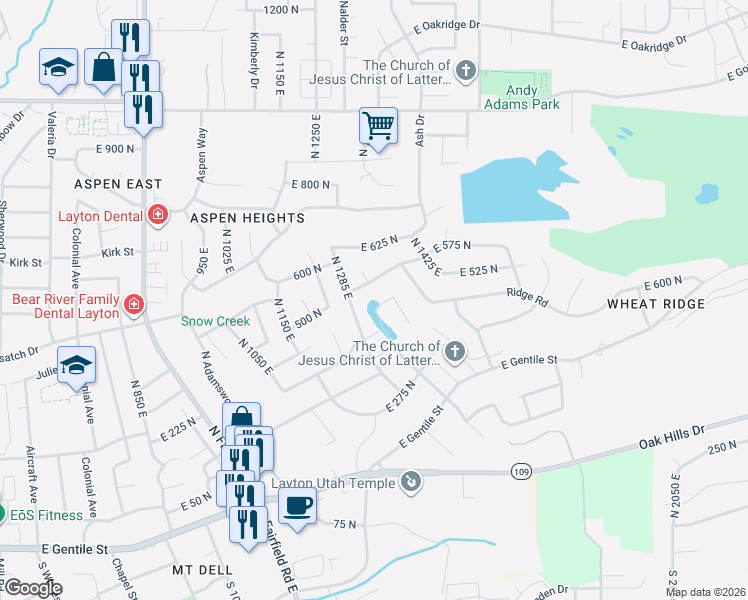 map of restaurants, bars, coffee shops, grocery stores, and more near 1503 East 530 North in Layton