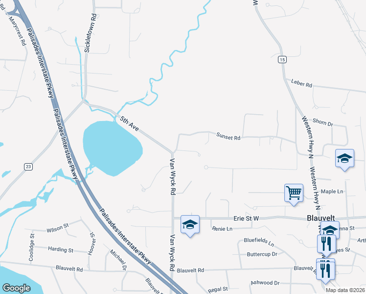 map of restaurants, bars, coffee shops, grocery stores, and more near 131 Sunset Road in Blauvelt