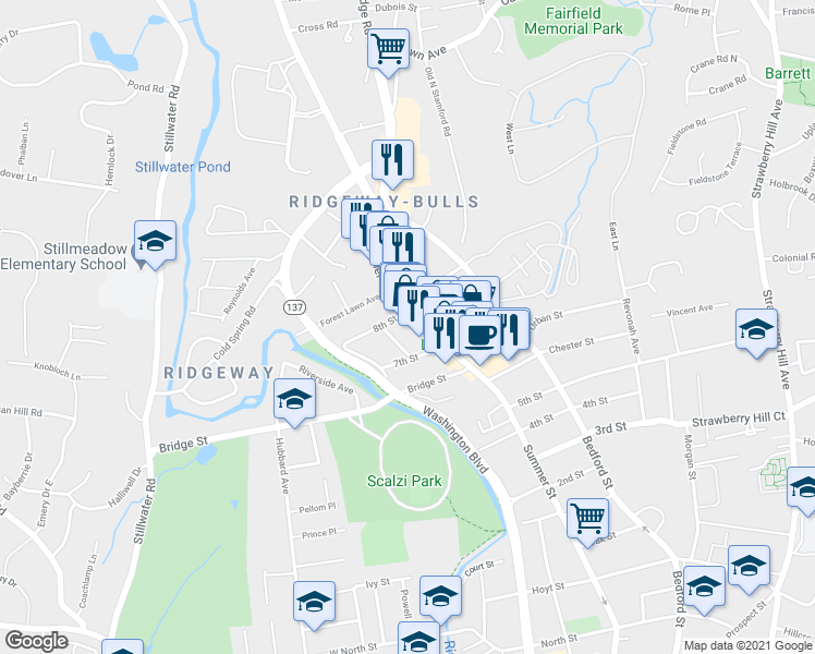 map of restaurants, bars, coffee shops, grocery stores, and more near 2530 Summer Street in Stamford